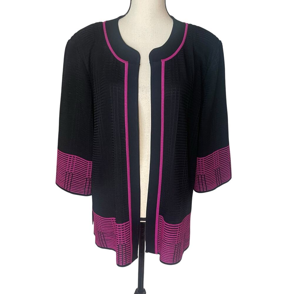 Ming Wang Knit Open Front Cardigan Jacket 2X Black Magenta Career Office